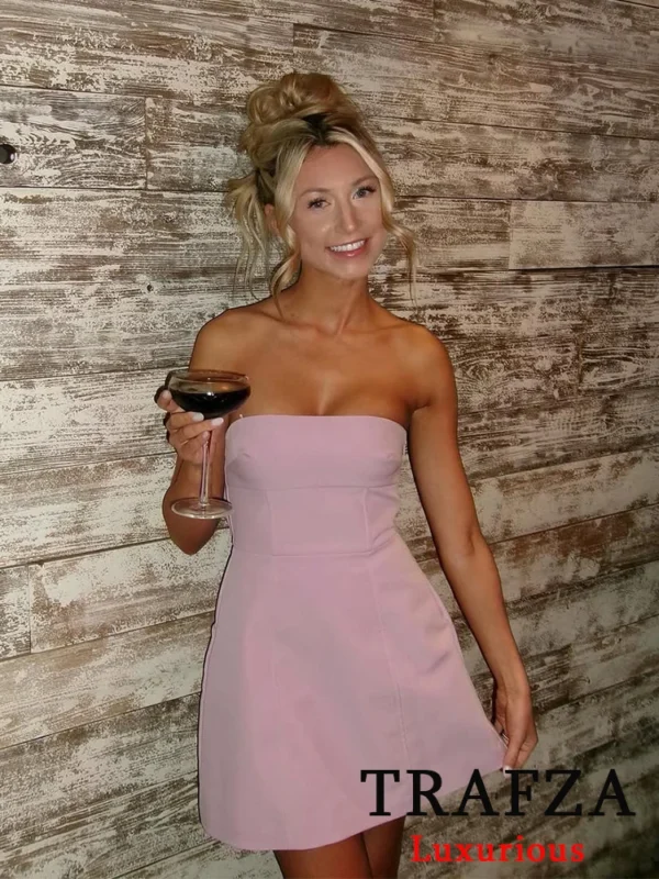 TRAFZA Sexy Chic Pink Women Dress Strapless Bow A-Line Mini Dress New Fashion 2025 Autumn Hotsweet Party Dress - Image 5