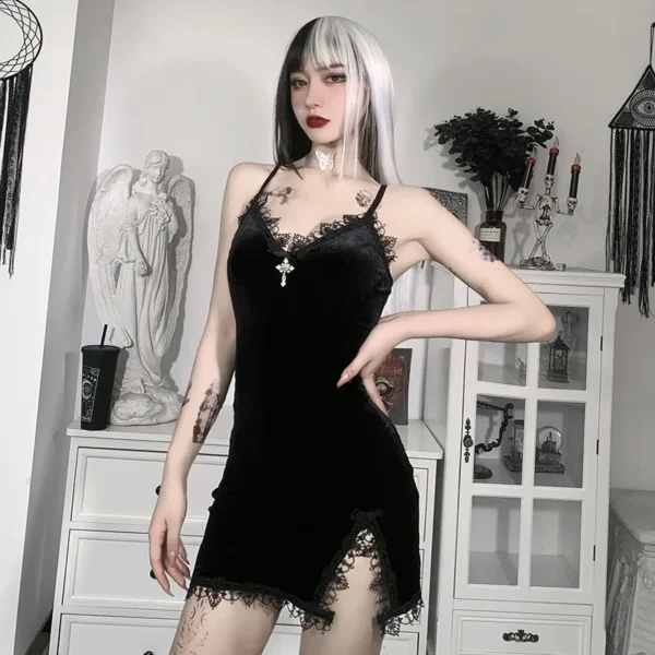 Dark Cross Black Mini Dress Vintage Sexy Spaghetti Strap High Waist Slit Dresses Goth Party Club Women Dress - Image 2
