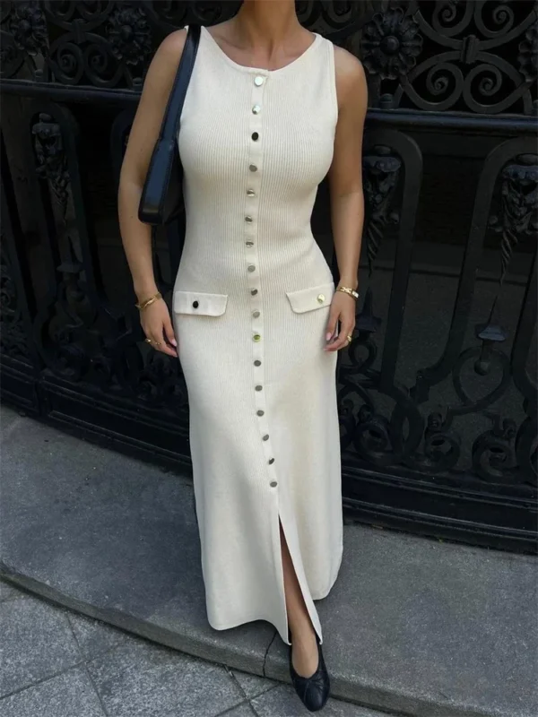 Knit Ribbed Cardigan Maxi Dress Female High Waist Slim Pocket Sleeveless Elegant Party Dress Women's Knitwear Long Dress - Image 3