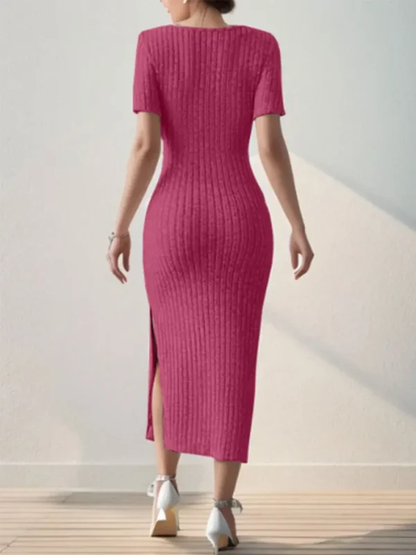 Summer Square Neck, Hip-Hugging Mid-Length Skirt, Short-Sleeved, Versatile Knitted Slit Dress - Image 6