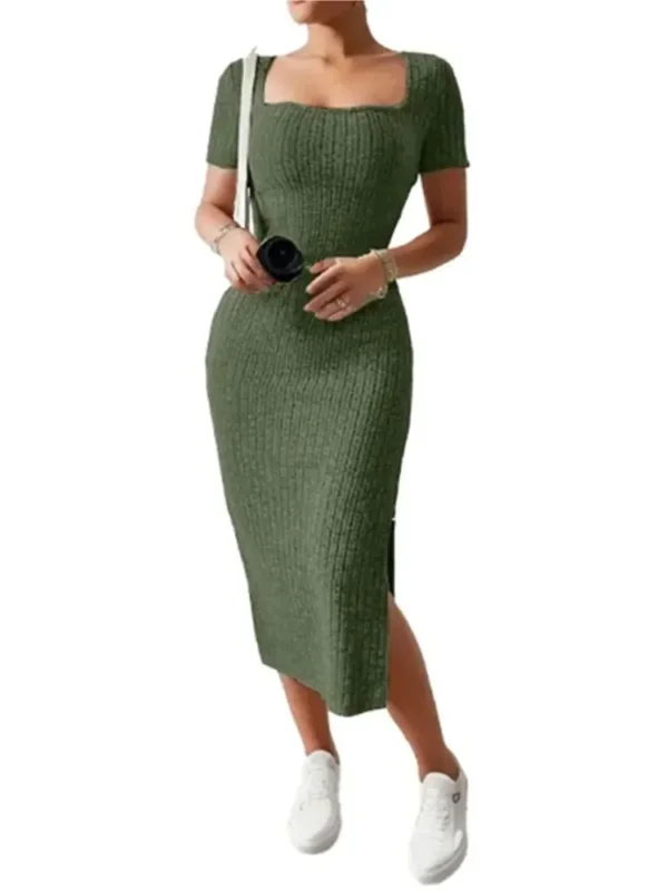 Summer Square Neck, Hip-Hugging Mid-Length Skirt, Short-Sleeved, Versatile Knitted Slit Dress - Image 2