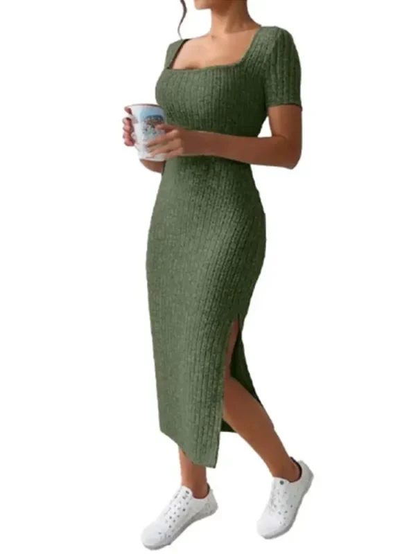 Summer Square Neck, Hip-Hugging Mid-Length Skirt, Short-Sleeved, Versatile Knitted Slit Dress - Image 4