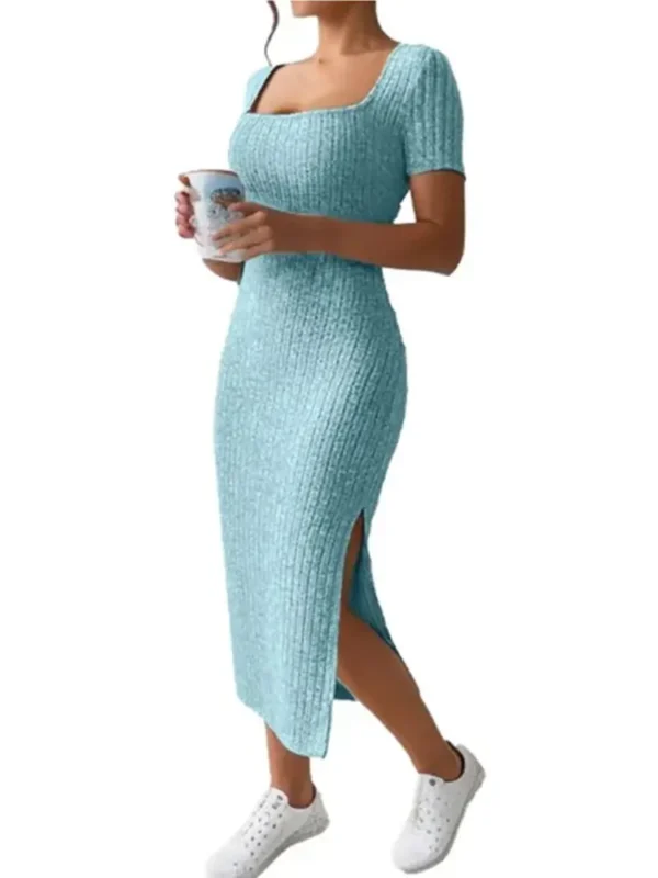 Summer Square Neck, Hip-Hugging Mid-Length Skirt, Short-Sleeved, Versatile Knitted Slit Dress - Image 3
