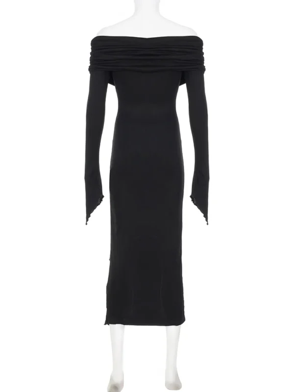 IAMSURE Elegant Fashion Dark Ruffles Split Long Dress Gothic Slash Neck Long Sleeve Maxi Dresses For Women 2023 Holiday Beach - Image 4